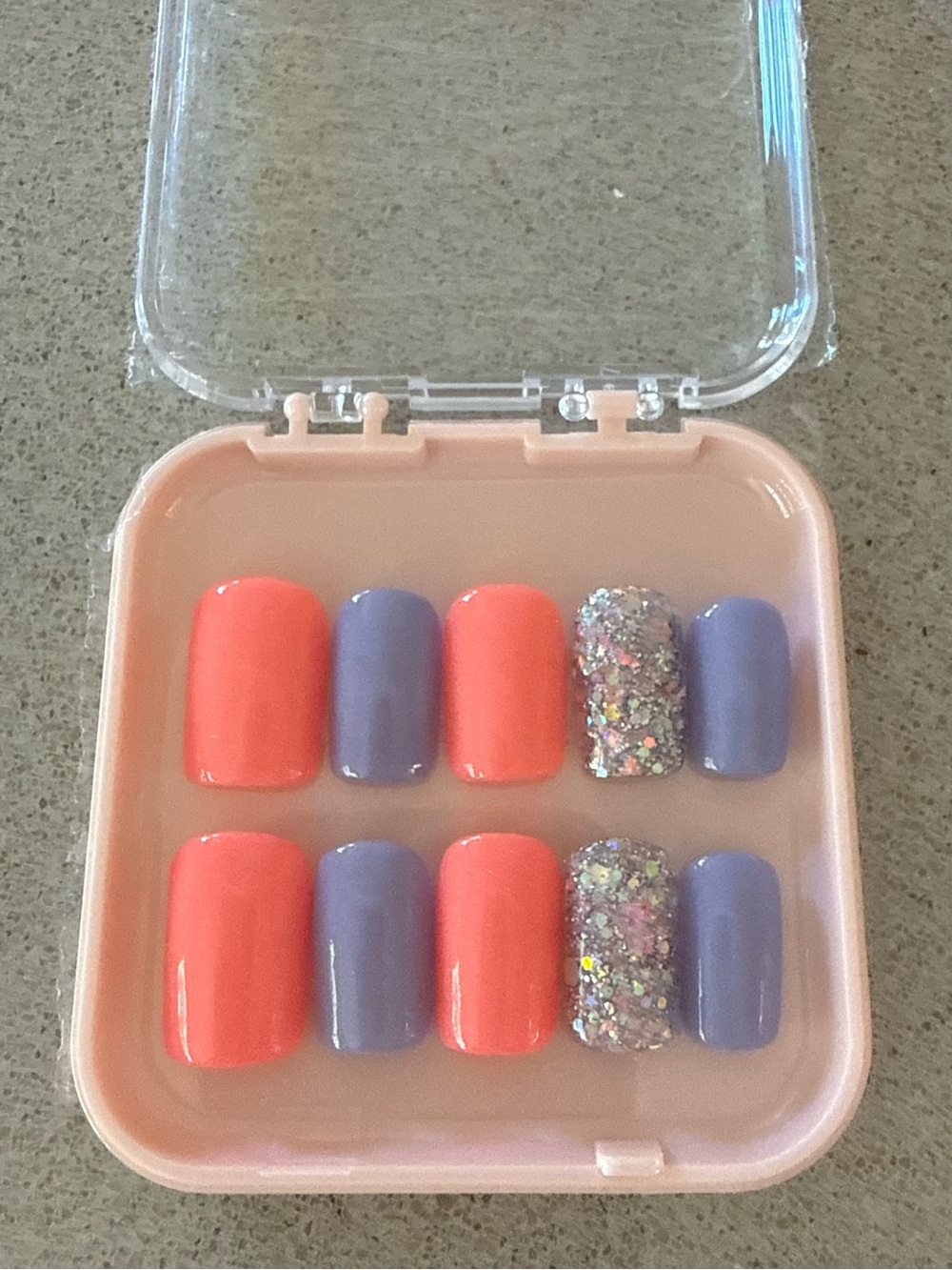 Press-On Nail Set in Coral, Lavender & Glitter Accent
